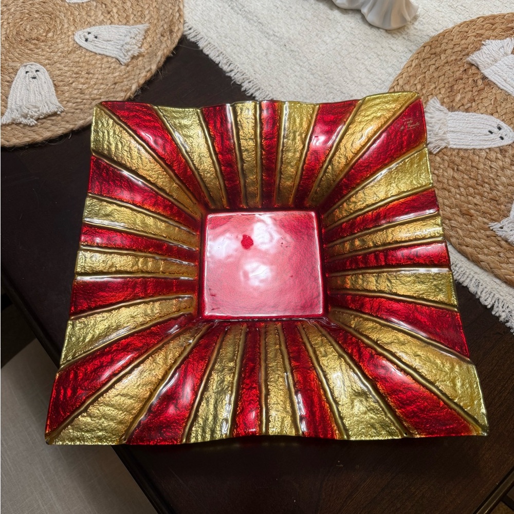 Vetri Di Nennella Italian Art Fused Glass Red and Gold 13.5" Bowl